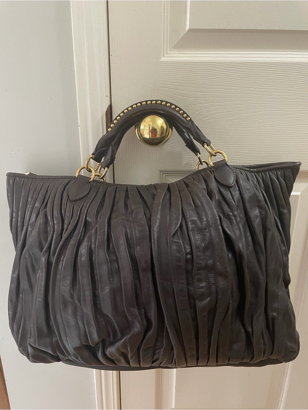 Miu Miu Black Ruched Leather Tote with Gold Hardware